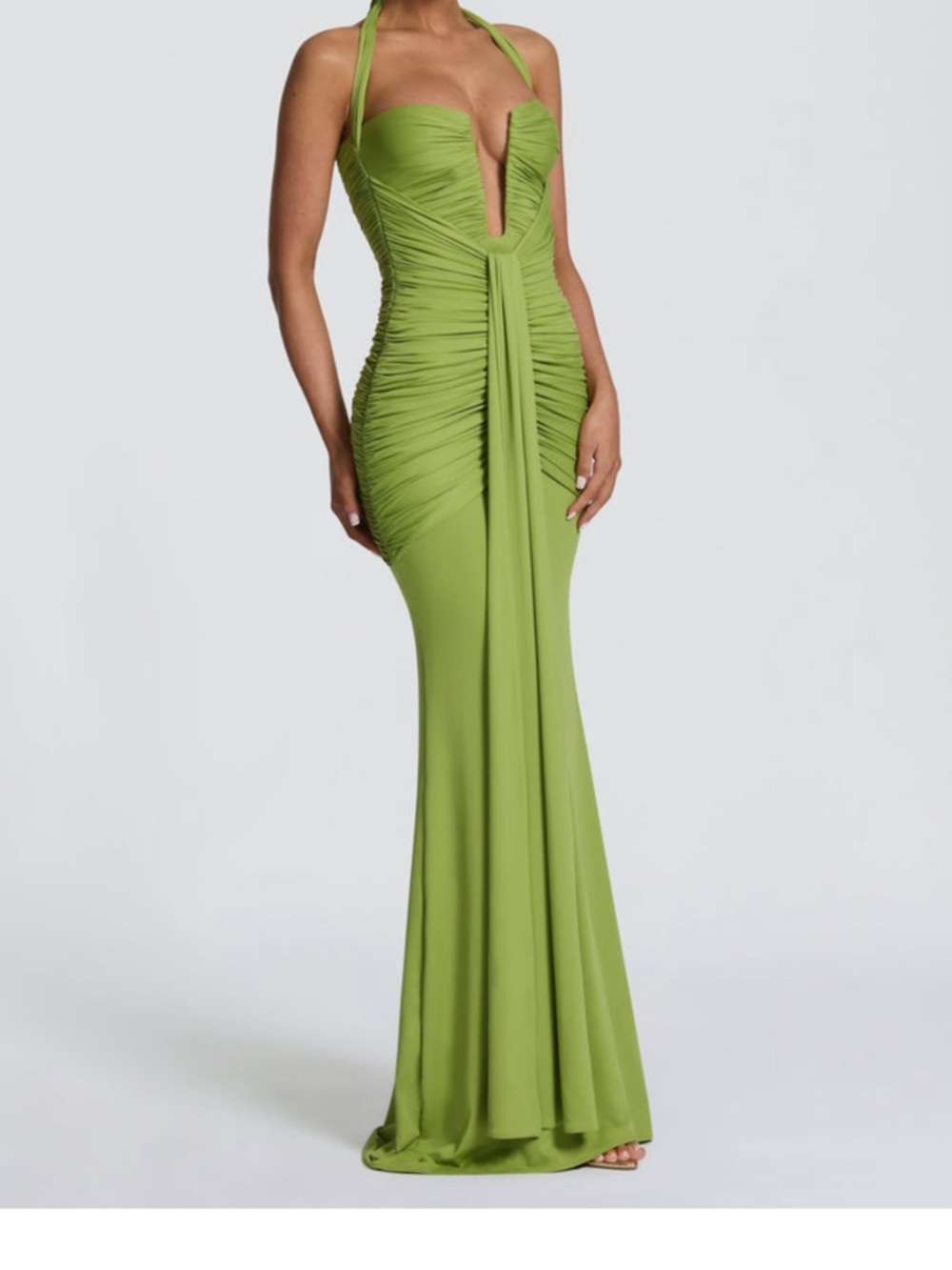 Lime Green Halter Ruched Maxi Evening Gown